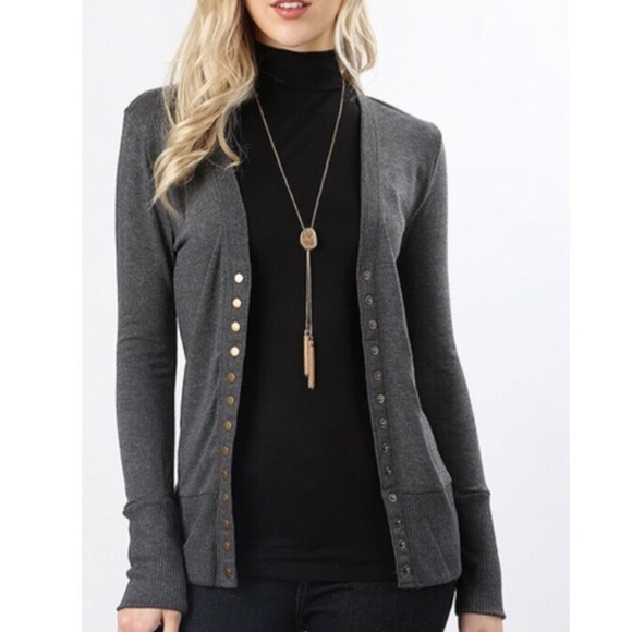 ESSENTIAL CHARCOAL SNAP BUTTON CARDIGAN - Picture 2 of 5
